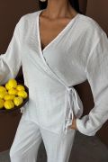Kruvaze Model Klasik Pantolonlu Çupra Keten Takım 10191 resmi